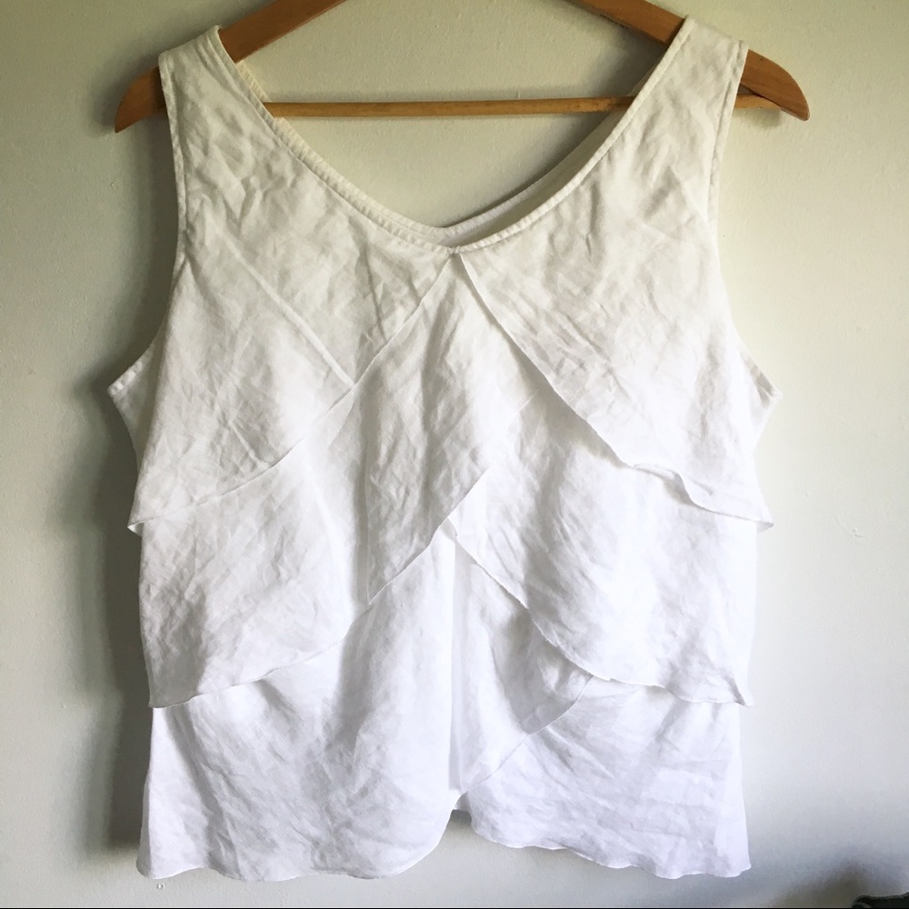 White Ruffle Tank 100% Linen Layered Ruffled White Tank - Gem